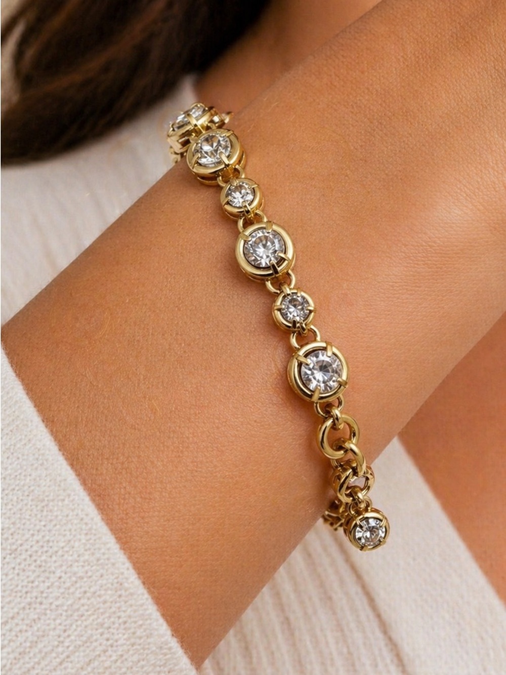 Gold-Tone Crystal Station Bracelet - Elegant Clear Stones